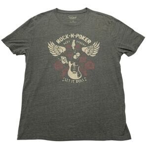 Lucky Brand Mens Large Tee Shirt Rock N Poker Guitar Graphic Let It Roll Gray